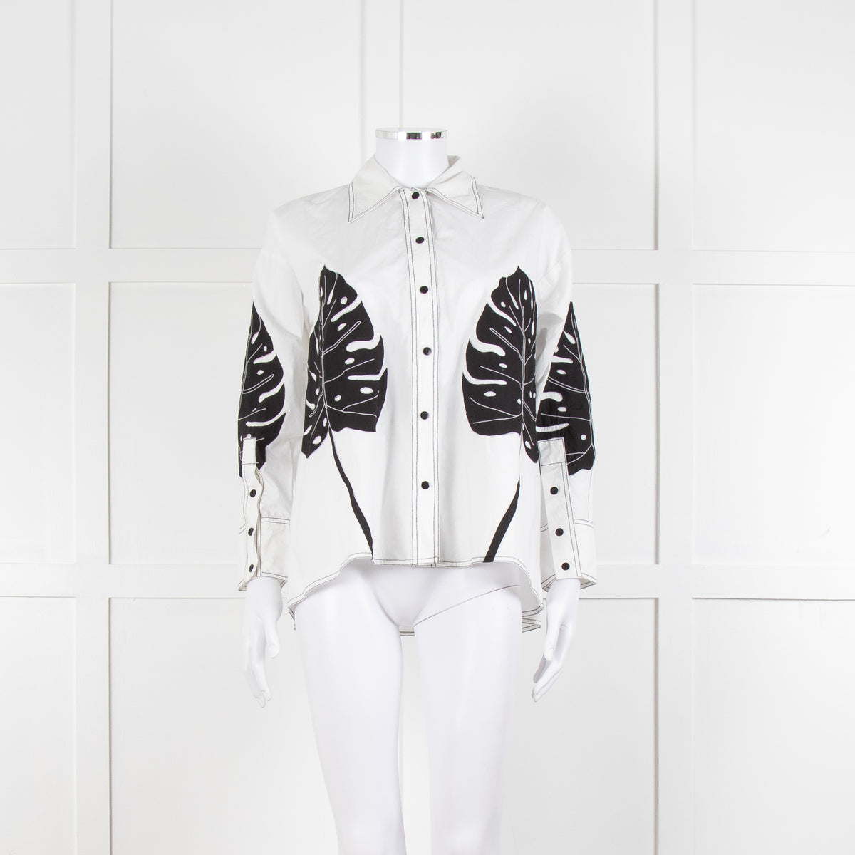 LOVEBIRDS White Cotton Leaf Print Applique Long Sleeve Shirt