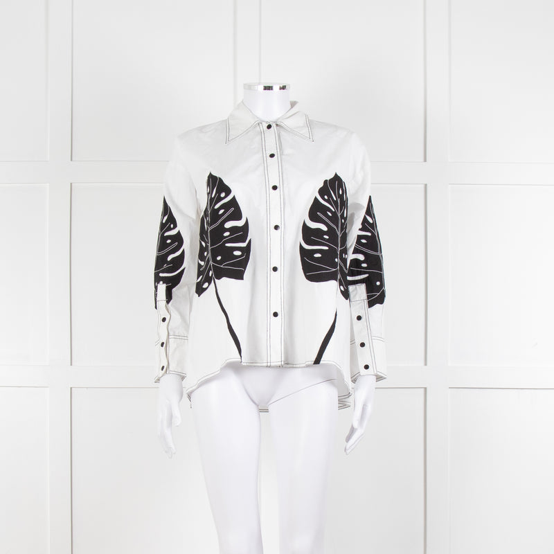 LOVEBIRDS White Cotton Leaf Print Applique Long Sleeve Shirt
