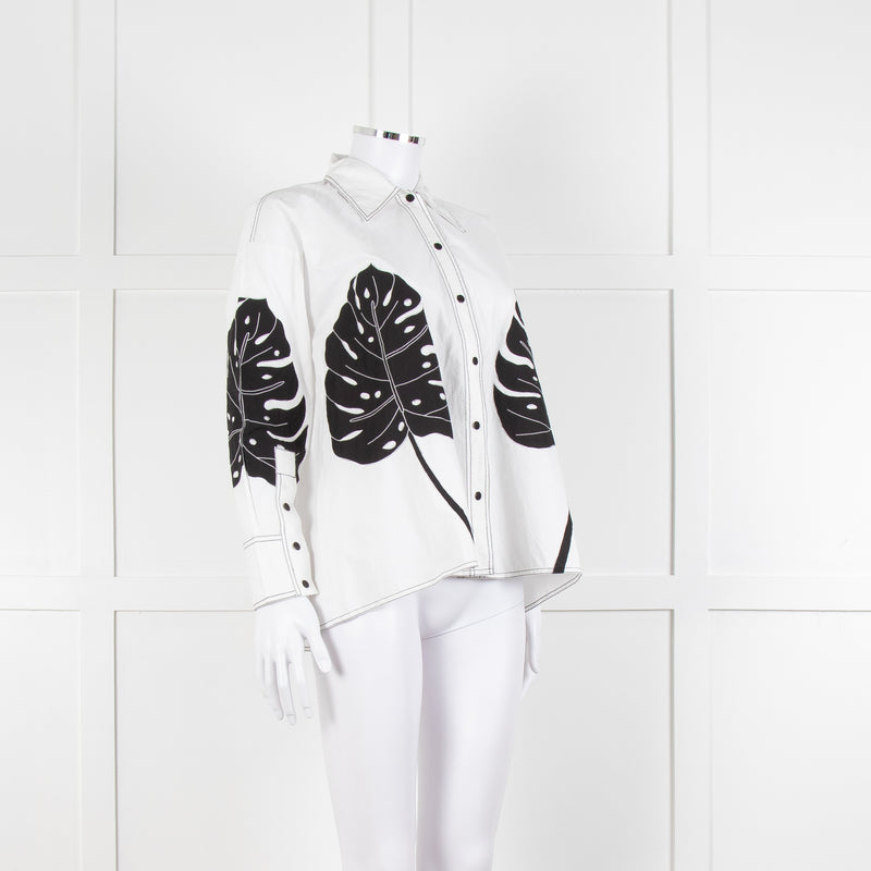 LOVEBIRDS White Cotton Leaf Print Applique Long Sleeve Shirt