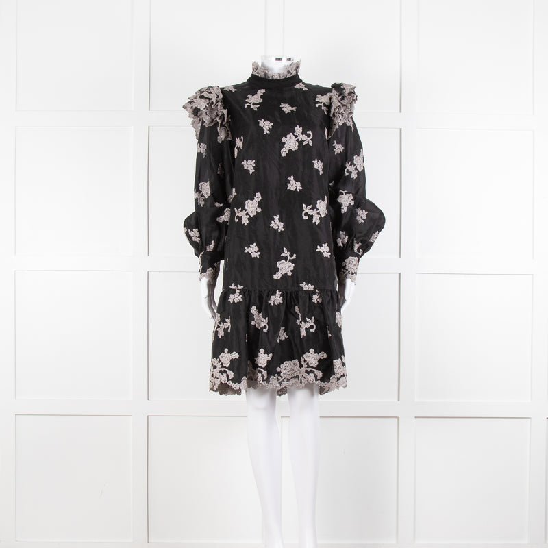 Erdem Nella Black Organza Short Dress With Silver Embroidery