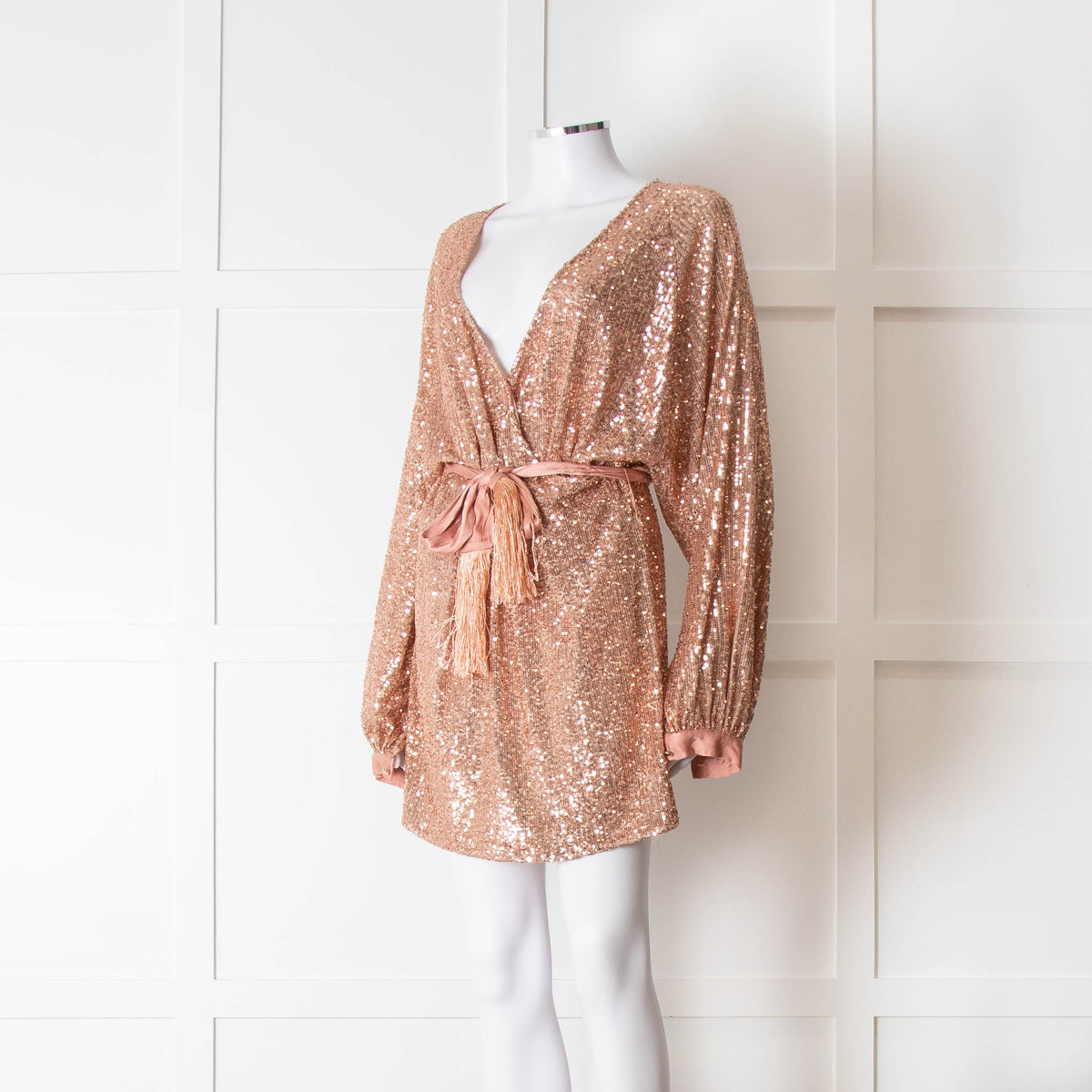 Winona Pink Sequin Dress With Long Sleeves & Belt