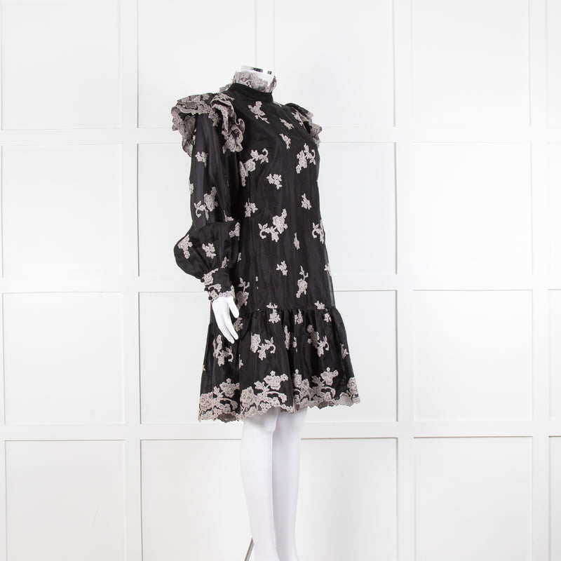 Erdem Nella Black Organza Short Dress With Silver Embroidery