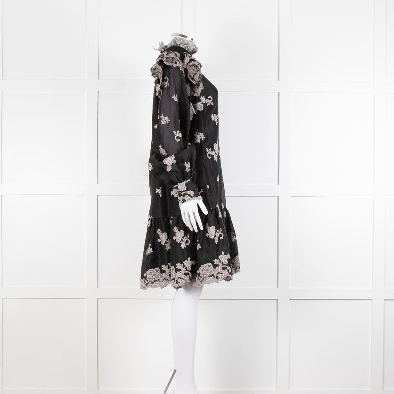 Erdem Nella Black Organza Short Dress With Silver Embroidery