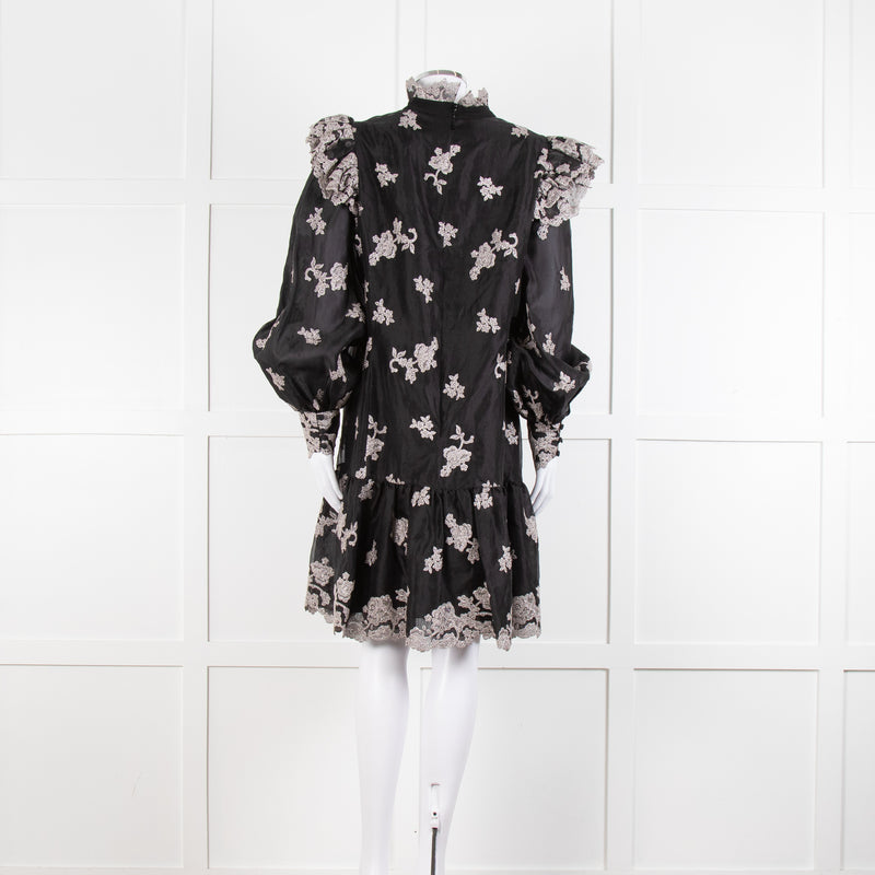 Erdem Nella Black Organza Short Dress With Silver Embroidery