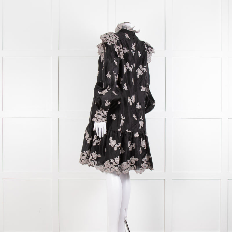 Erdem Nella Black Organza Short Dress With Silver Embroidery