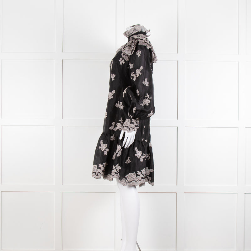 Erdem Nella Black Organza Short Dress With Silver Embroidery