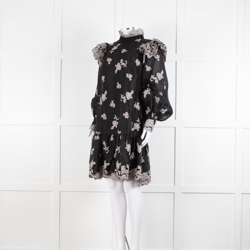 Erdem Nella Black Organza Short Dress With Silver Embroidery