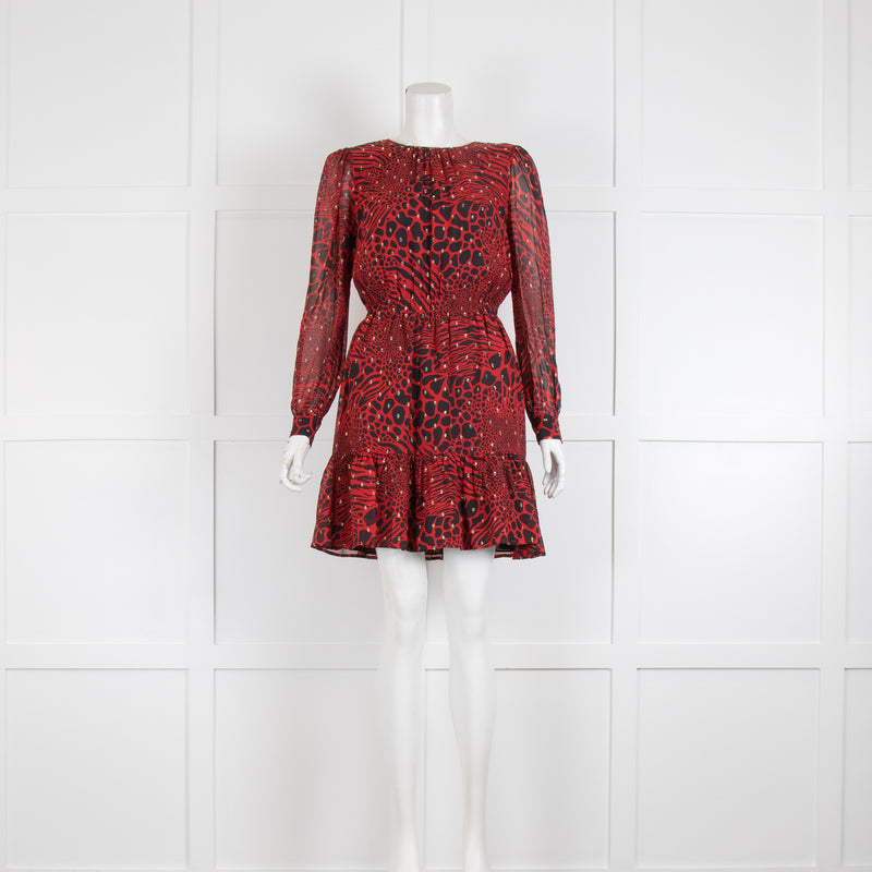Michael By Michael Kors Red Black Gold Fleck Animal Print Dress