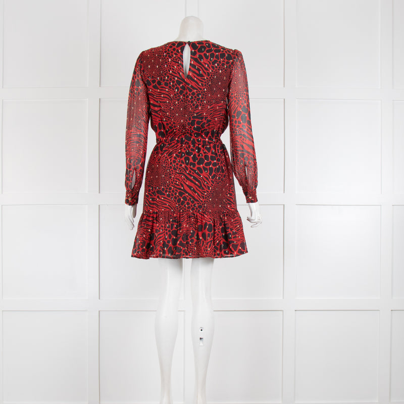 Michael By Michael Kors Red Black Gold Fleck Animal Print Dress