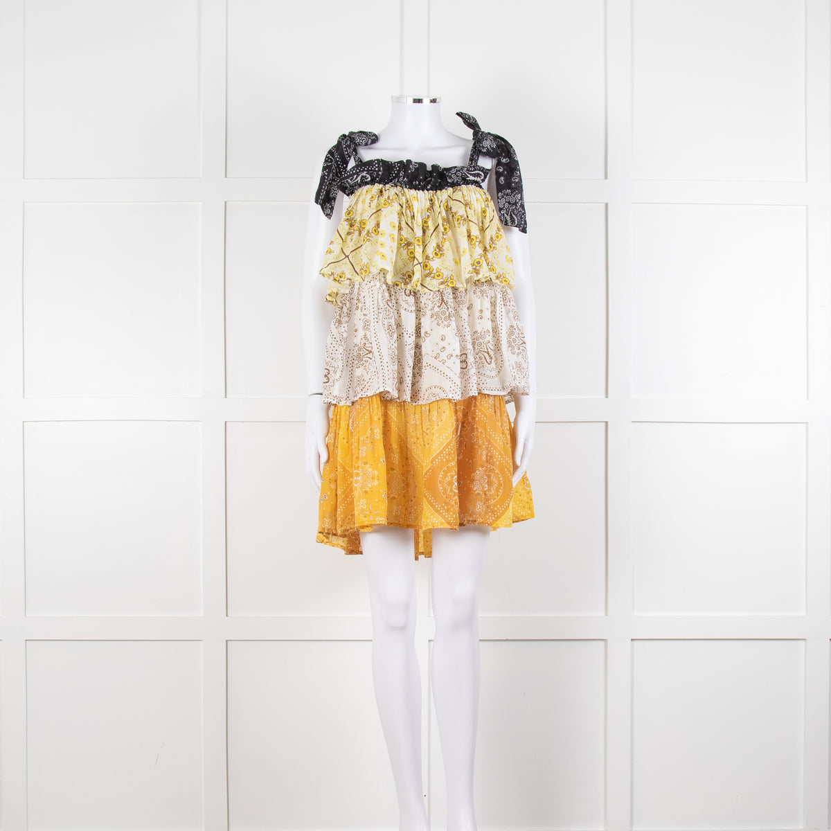 Innika Yellow White Black Ramie Tiered Short Dress