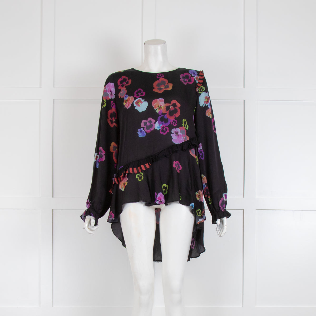 Preen Line Black Purple Floral Frill Trim Long Sleeve Top