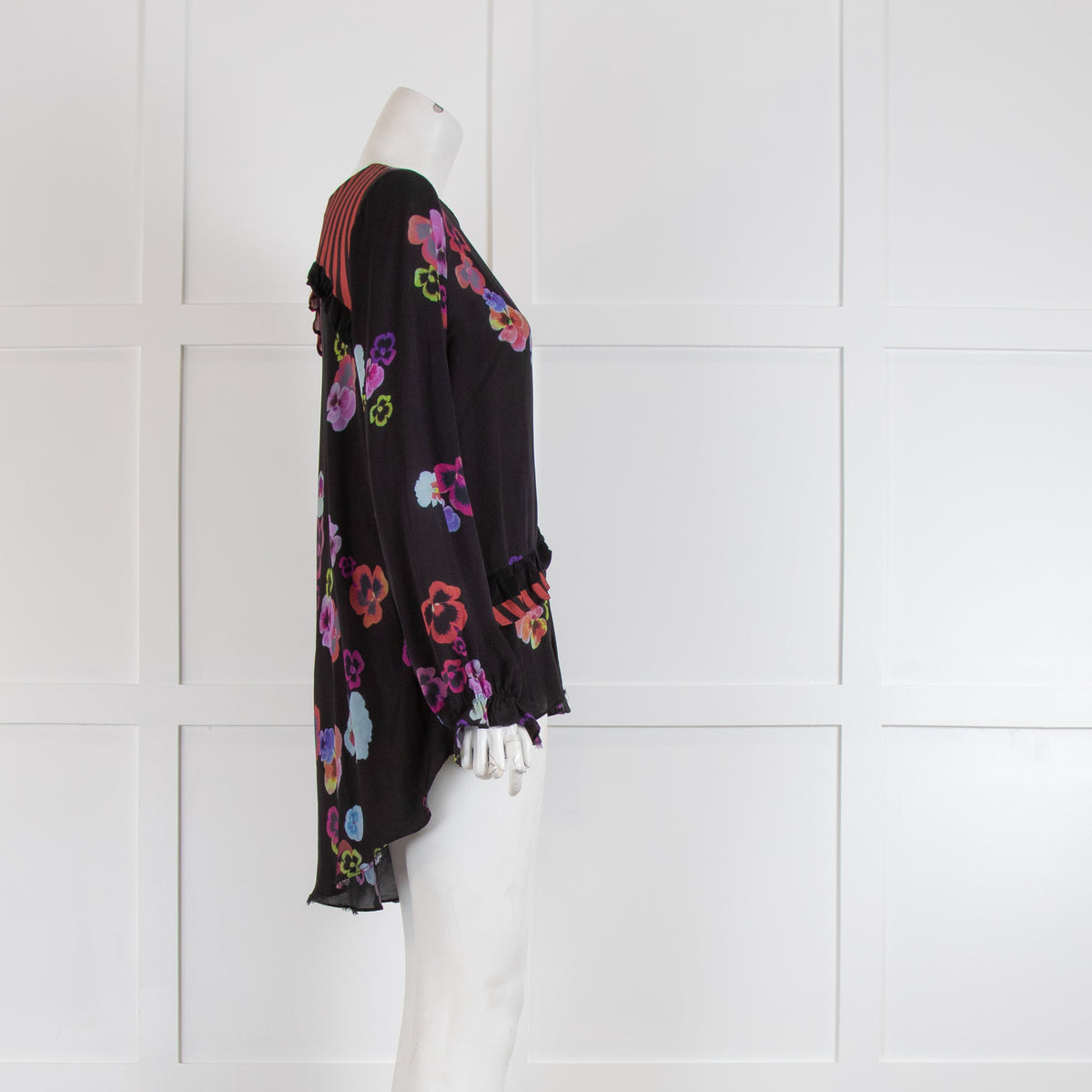 Preen Line Black Purple Floral Frill Trim Long Sleeve Top