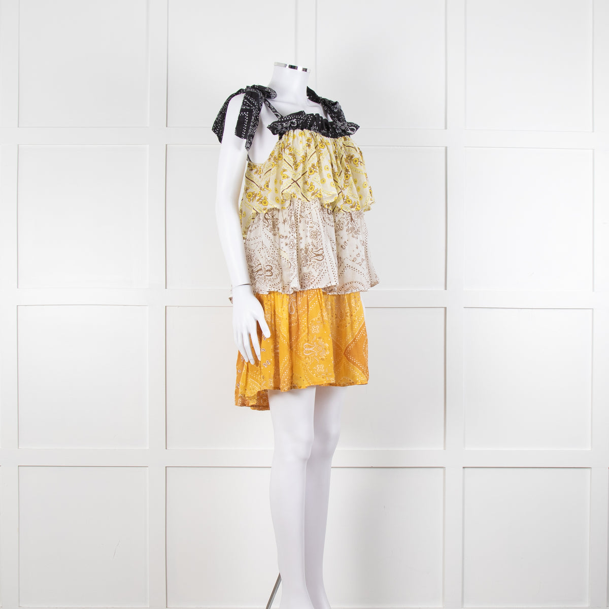 Innika Yellow White Black Ramie Tiered Short Dress