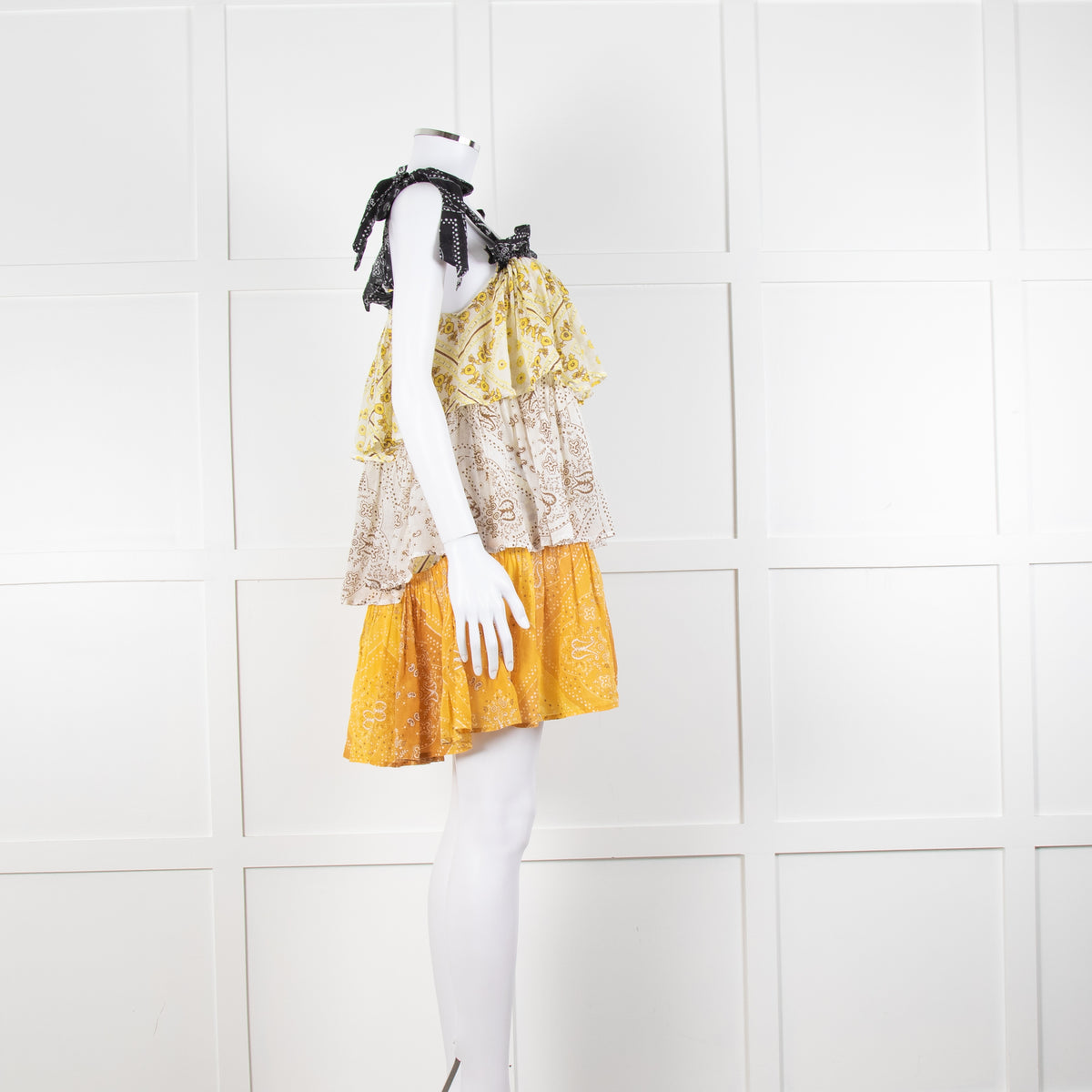 Innika Yellow White Black Ramie Tiered Short Dress