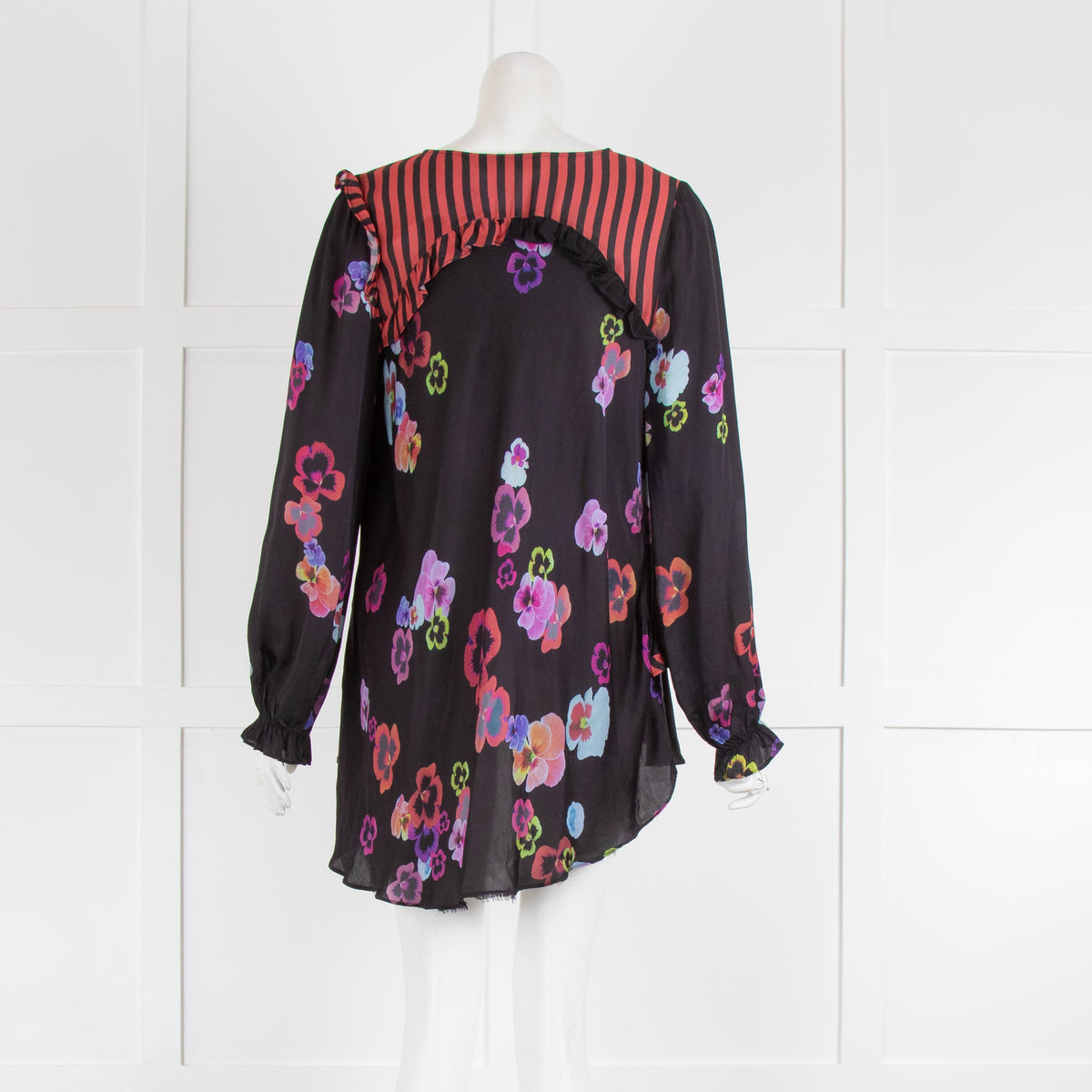 Preen Line Black Purple Floral Frill Trim Long Sleeve Top