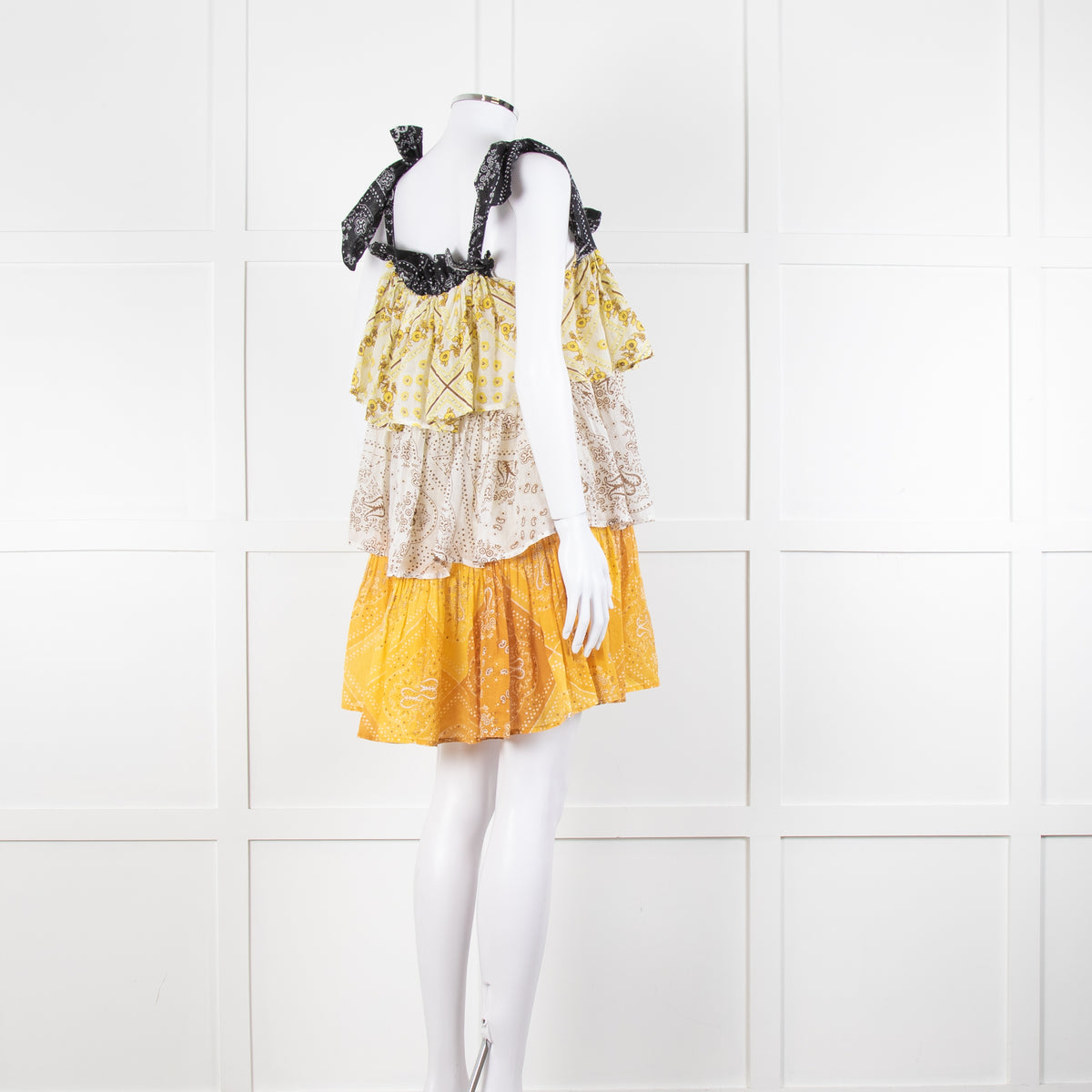 Innika Yellow White Black Ramie Tiered Short Dress
