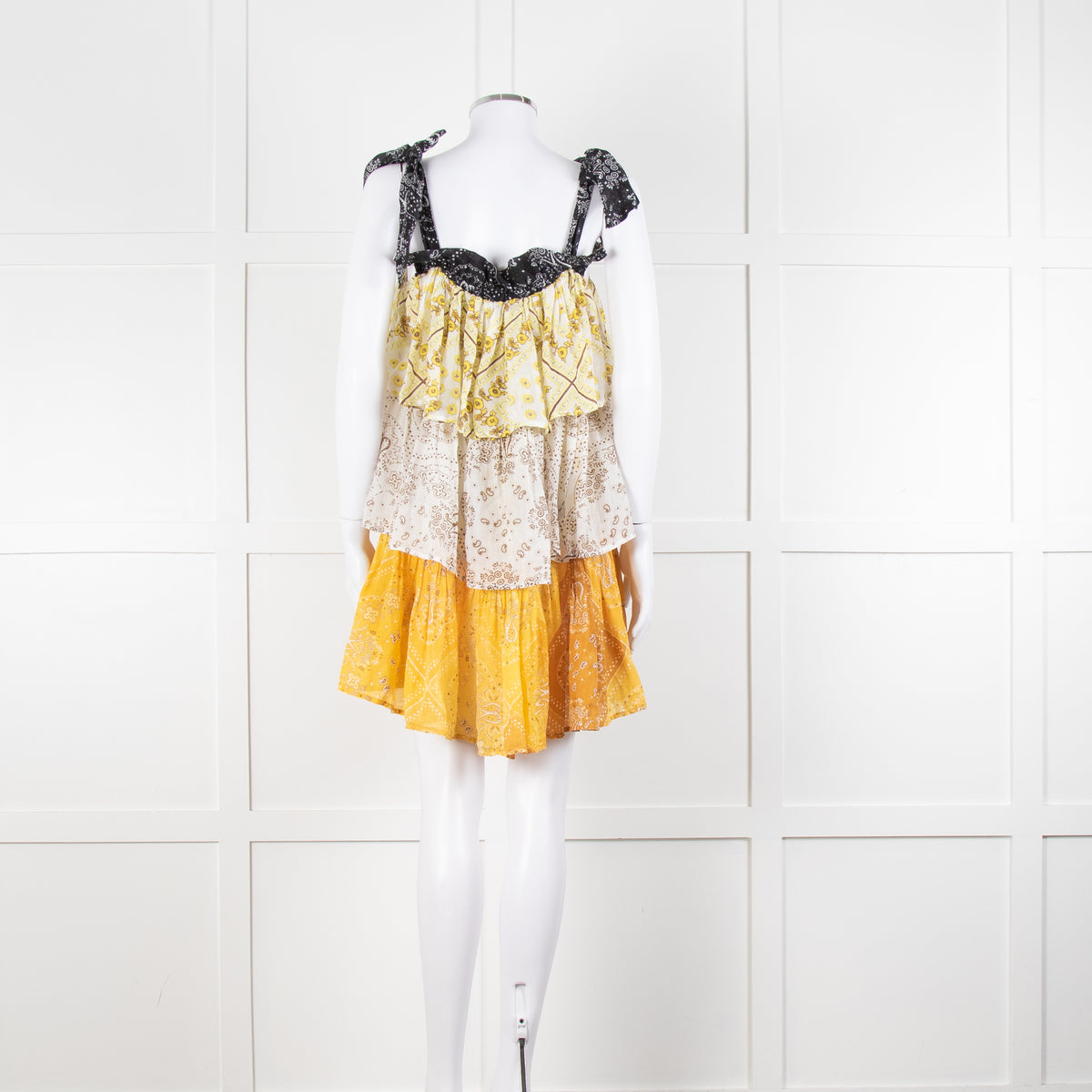 Innika Yellow White Black Ramie Tiered Short Dress