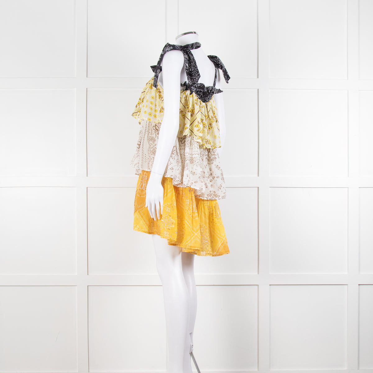 Innika Yellow White Black Ramie Tiered Short Dress