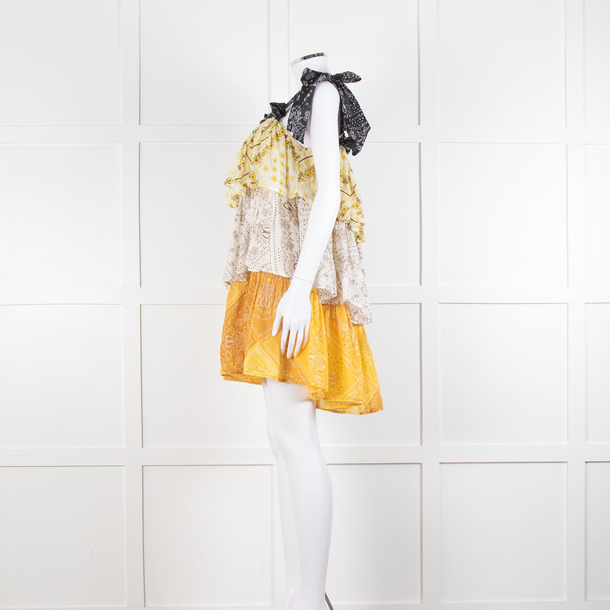 Innika Yellow White Black Ramie Tiered Short Dress