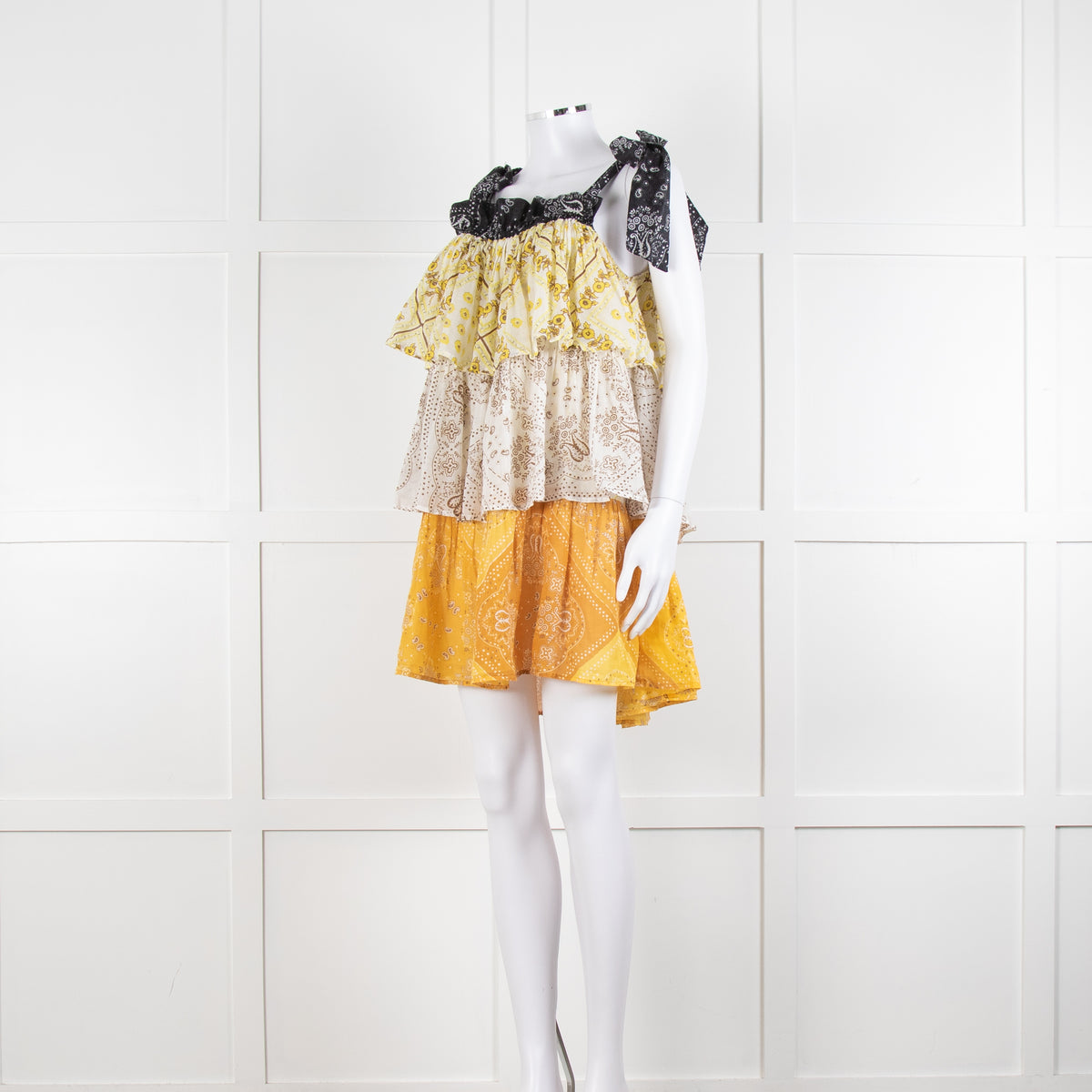 Innika Yellow White Black Ramie Tiered Short Dress