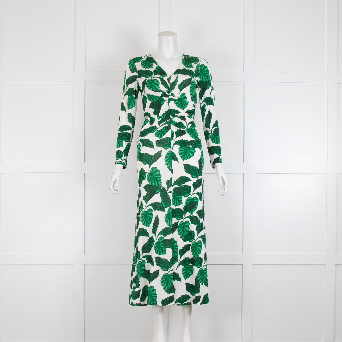 Diane Von Furstenberg Cream Green Leaf Long Sleeve Maxi Dress