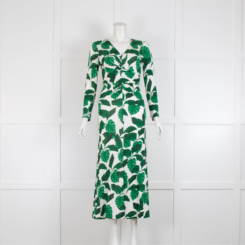 Diane Von Furstenberg Cream Green Leaf Long Sleeve Maxi Dress