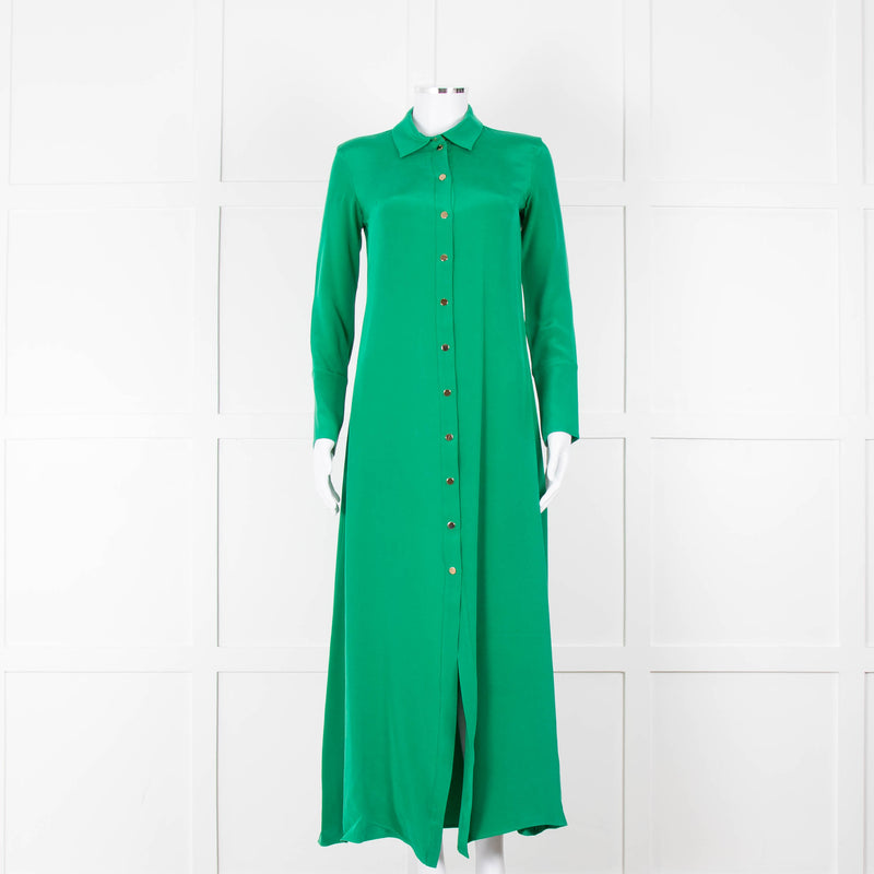 Olivia von Halle Green Silk Maxi Shirt Dress with Gold Buttons