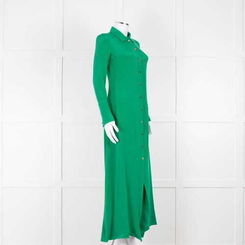 Olivia von Halle Green Silk Maxi Shirt Dress with Gold Buttons