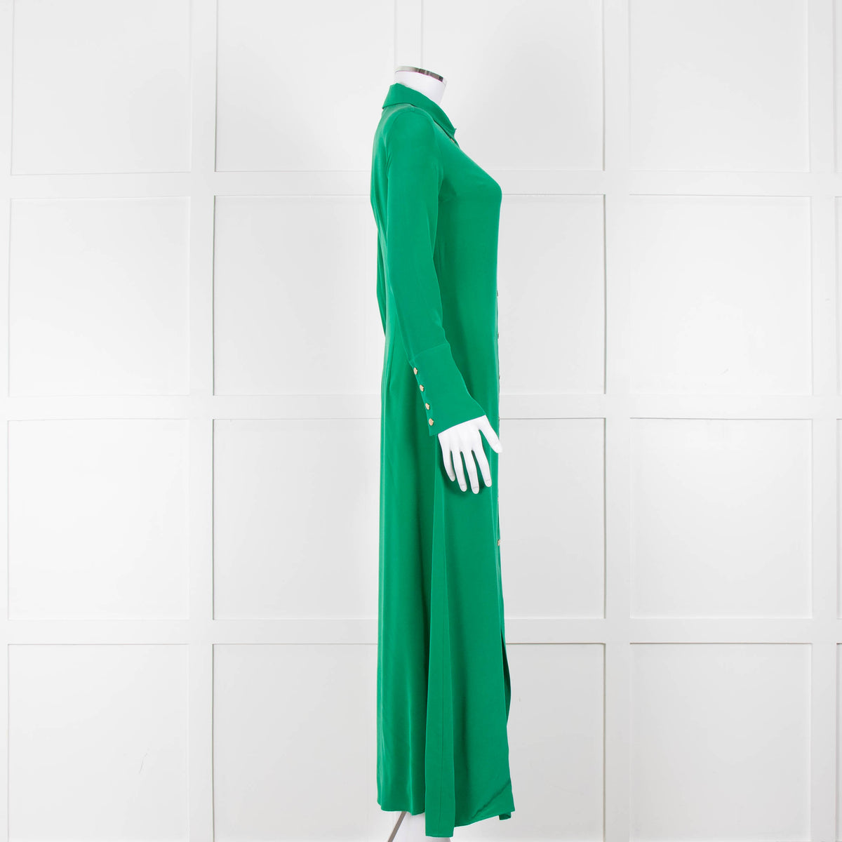Olivia von Halle Green Silk Maxi Shirt Dress with Gold Buttons