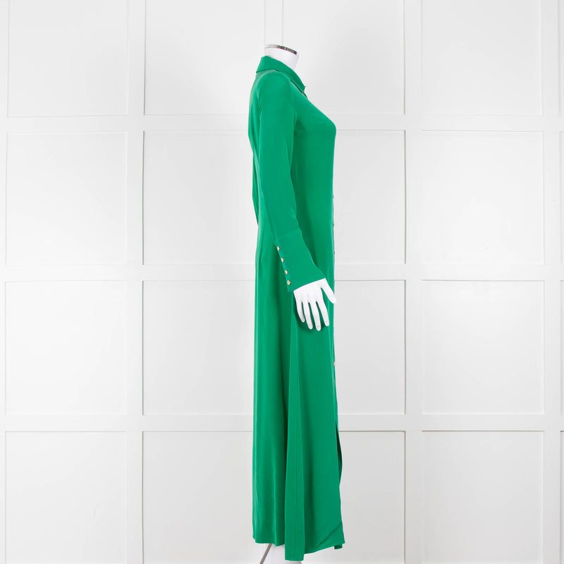 Olivia von Halle Green Silk Maxi Shirt Dress with Gold Buttons
