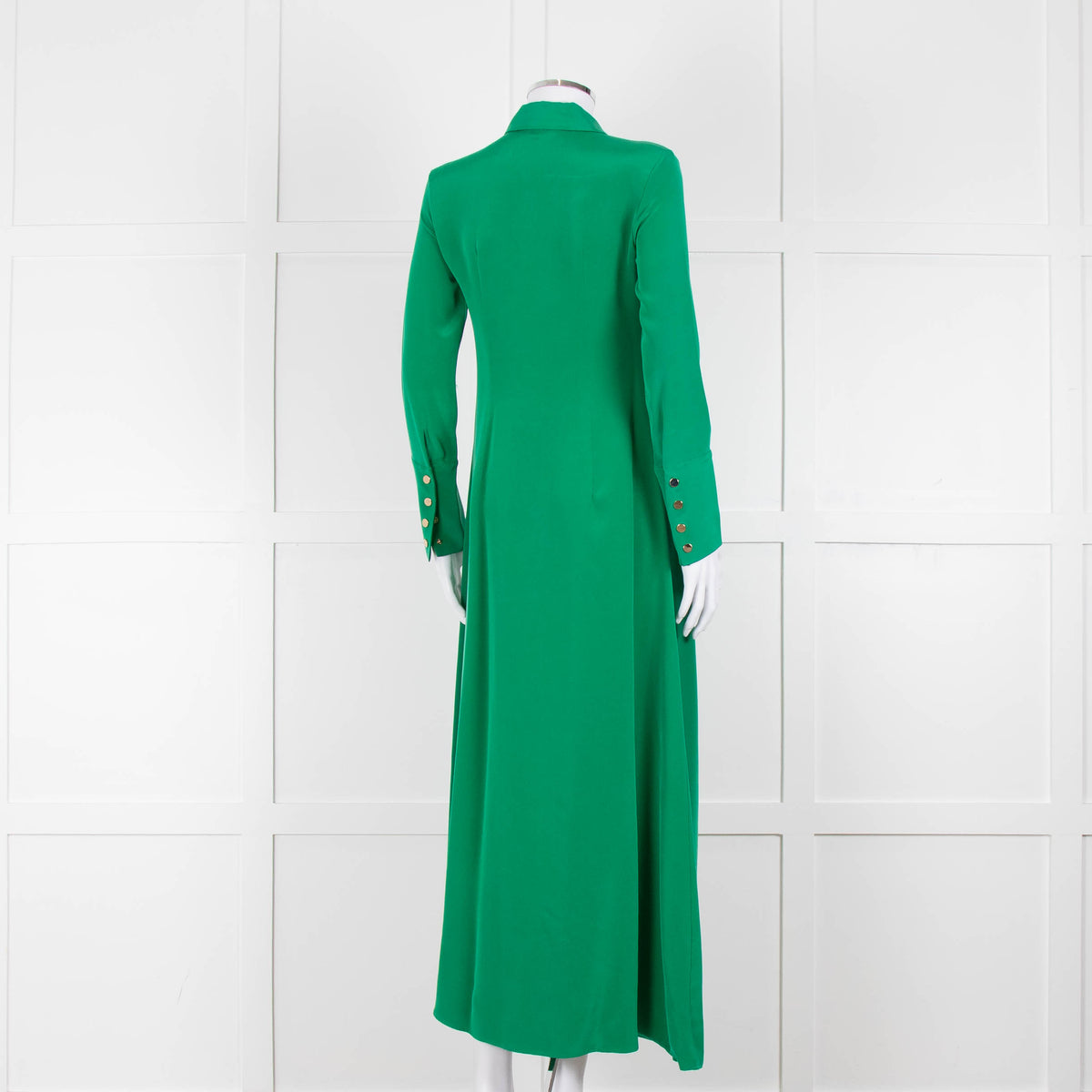 Olivia von Halle Green Silk Maxi Shirt Dress with Gold Buttons