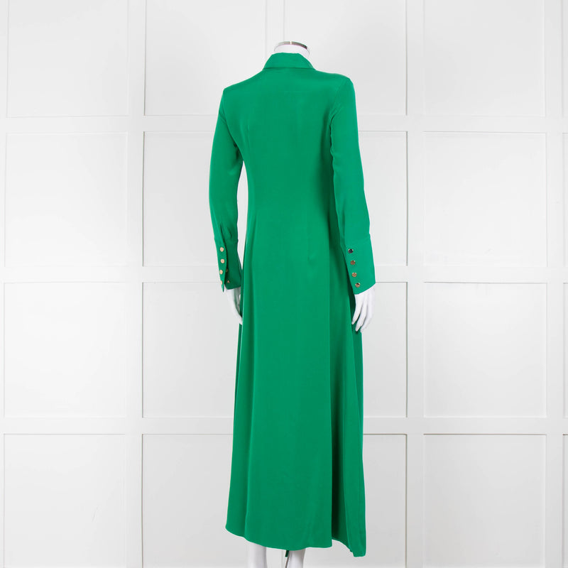 Olivia von Halle Green Silk Maxi Shirt Dress with Gold Buttons
