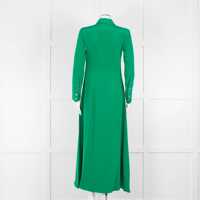 Olivia von Halle Green Silk Maxi Shirt Dress with Gold Buttons