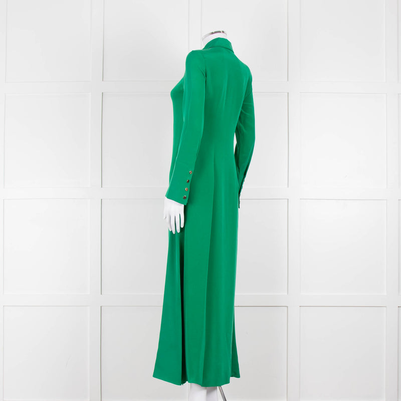 Olivia von Halle Green Silk Maxi Shirt Dress with Gold Buttons