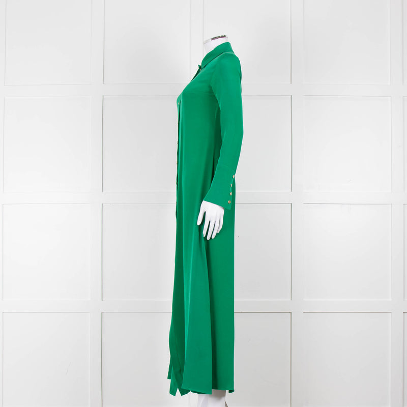 Olivia von Halle Green Silk Maxi Shirt Dress with Gold Buttons
