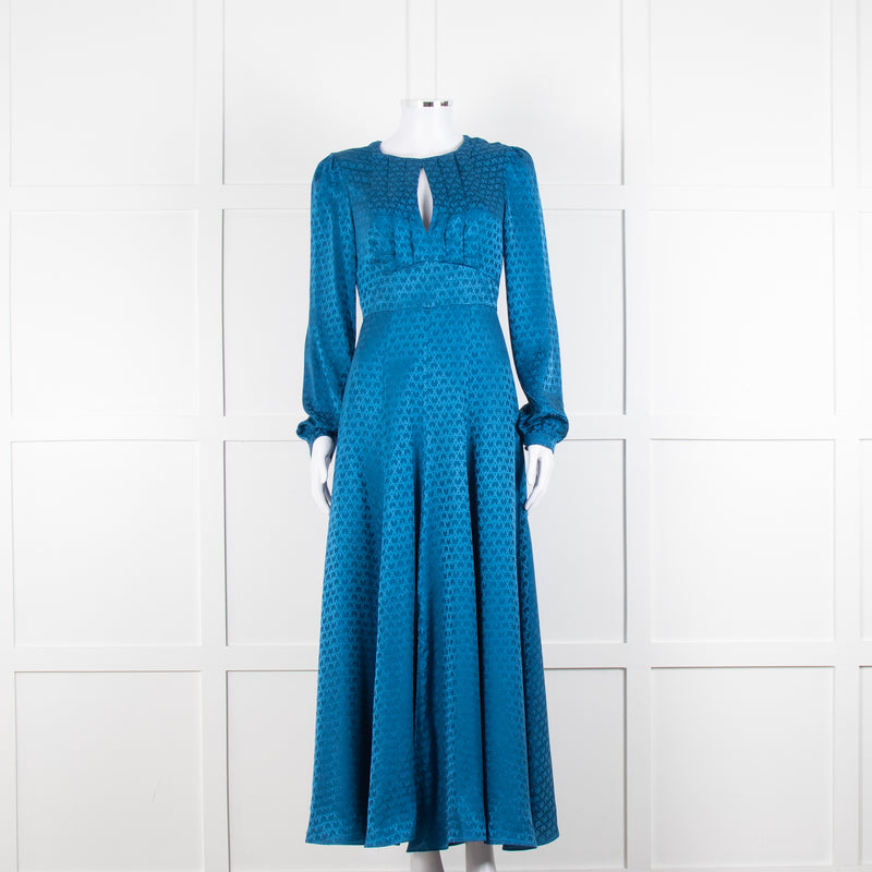 Saloni Blue Silk Fit and Flare Maxi Dress with Front Split
