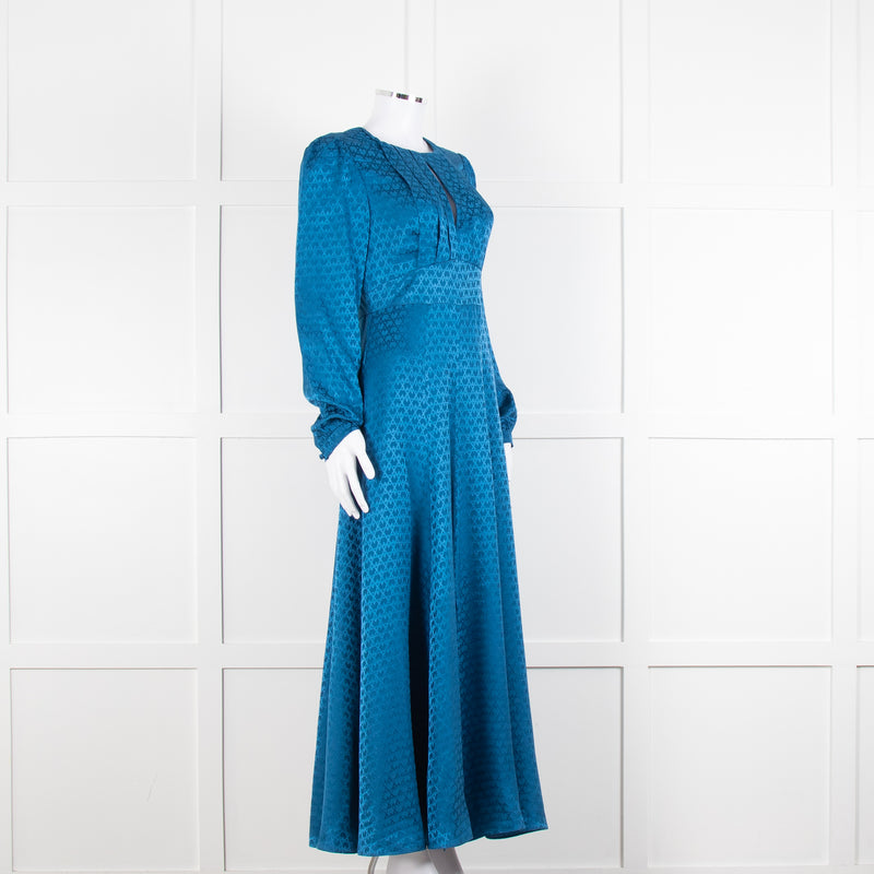 Saloni Blue Silk Fit and Flare Maxi Dress with Front Split