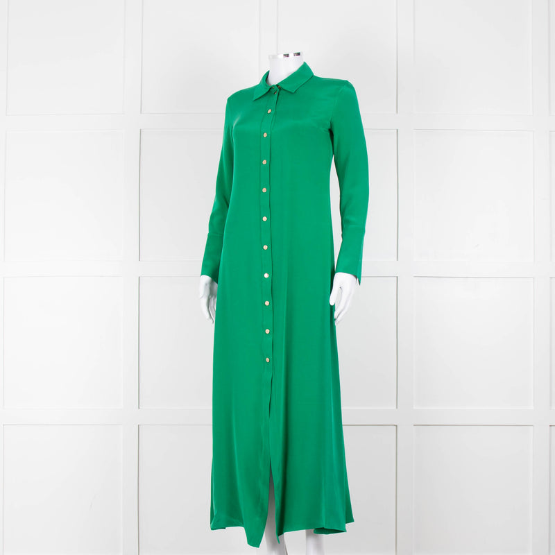 Olivia von Halle Green Silk Maxi Shirt Dress with Gold Buttons