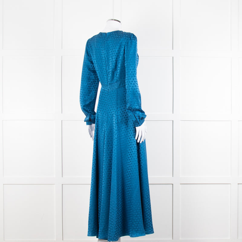 Saloni Blue Silk Fit and Flare Maxi Dress with Front Split