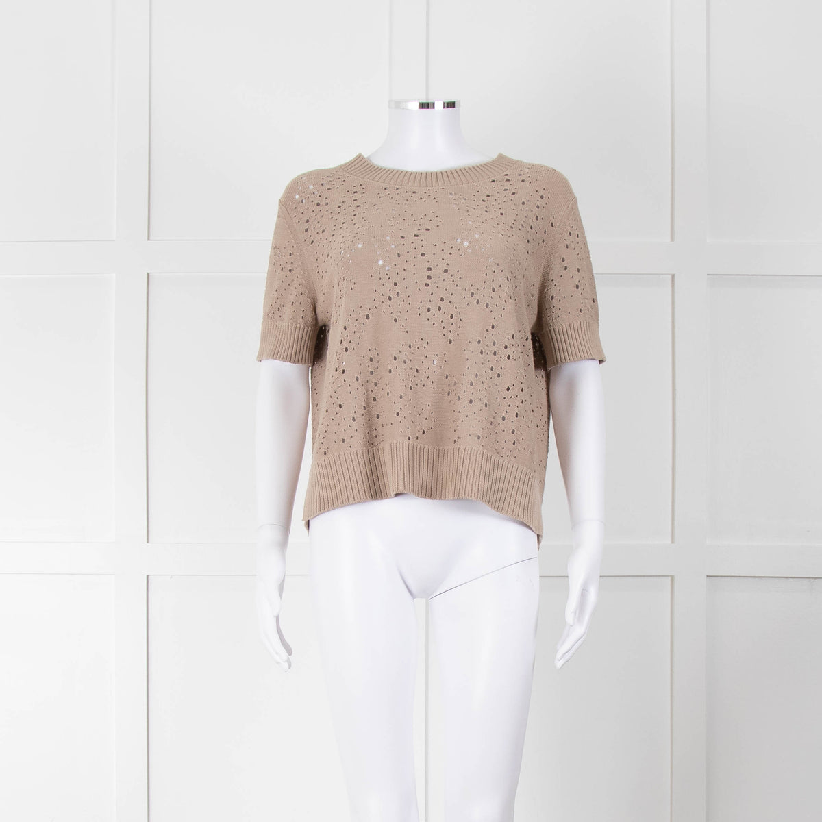 Akris Punto Cotton Crochet Beige Short Sleeve Knitted Top