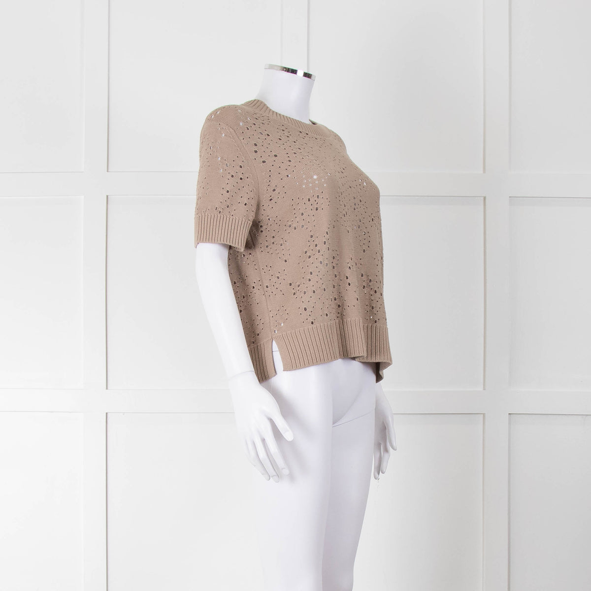 Akris Punto Cotton Crochet Beige Short Sleeve Knitted Top