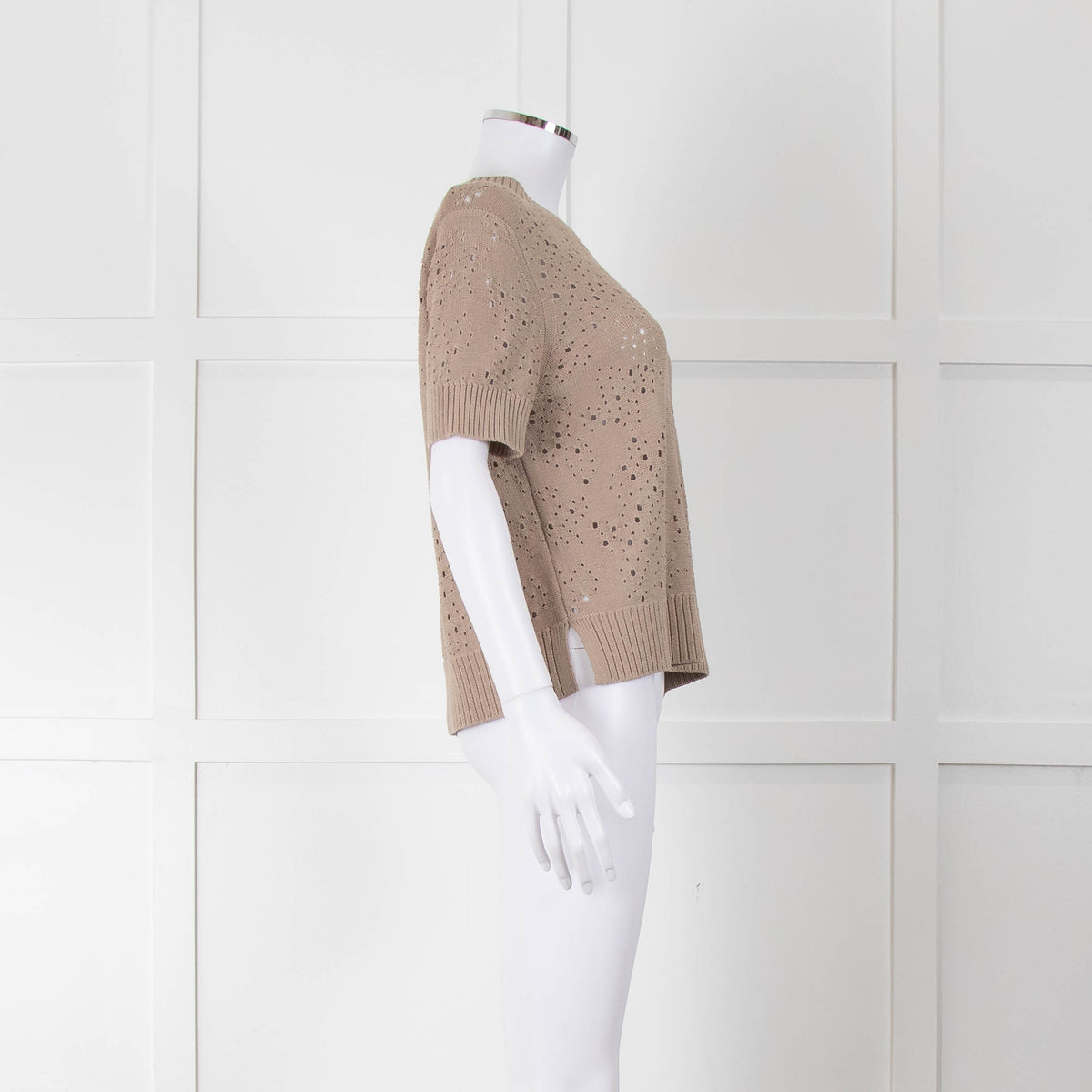 Akris Punto Cotton Crochet Beige Short Sleeve Knitted Top