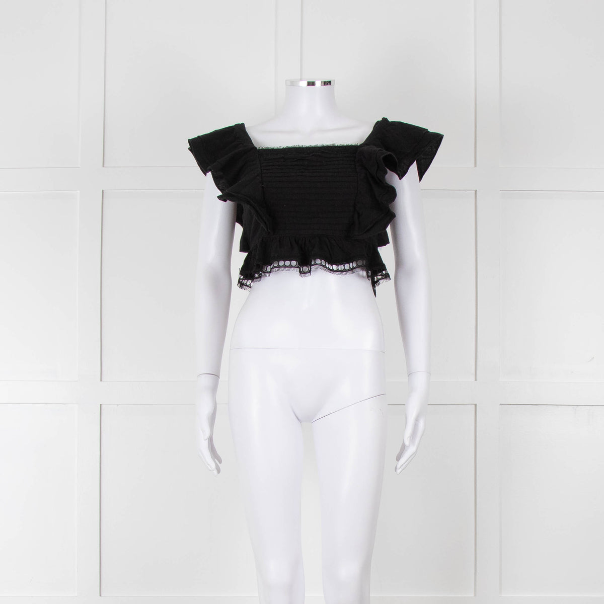 Dissh Black Cotton Short Top With Tie Back & Frill Sleeves
