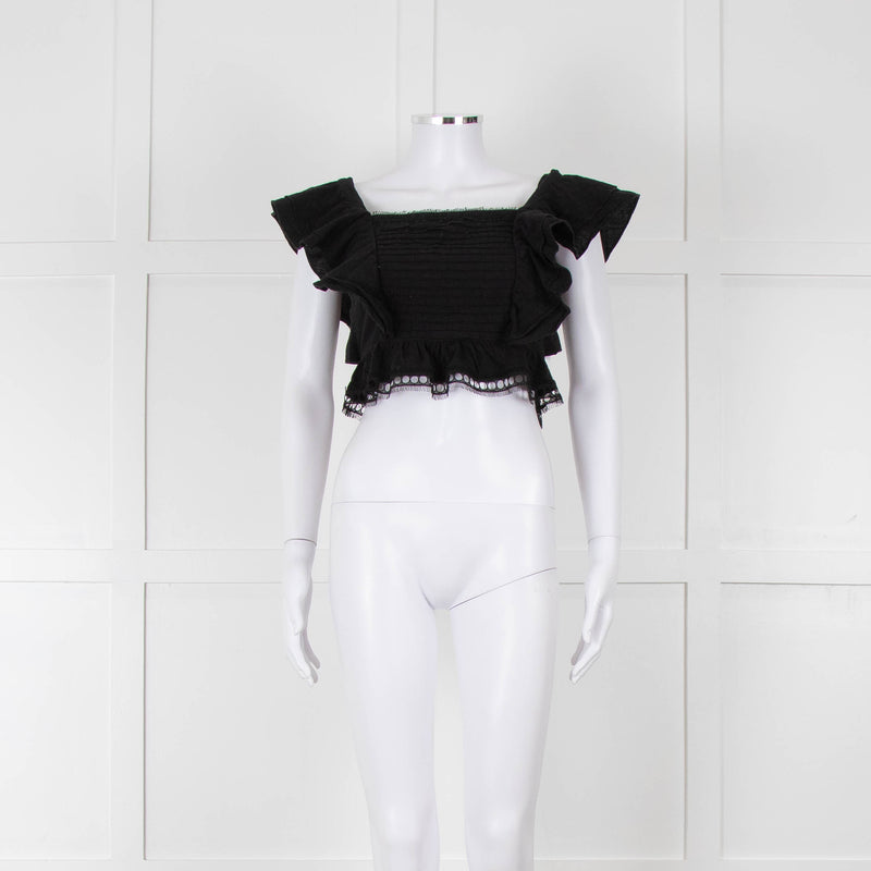 Dissh Black Cotton Short Top With Tie Back & Frill Sleeves