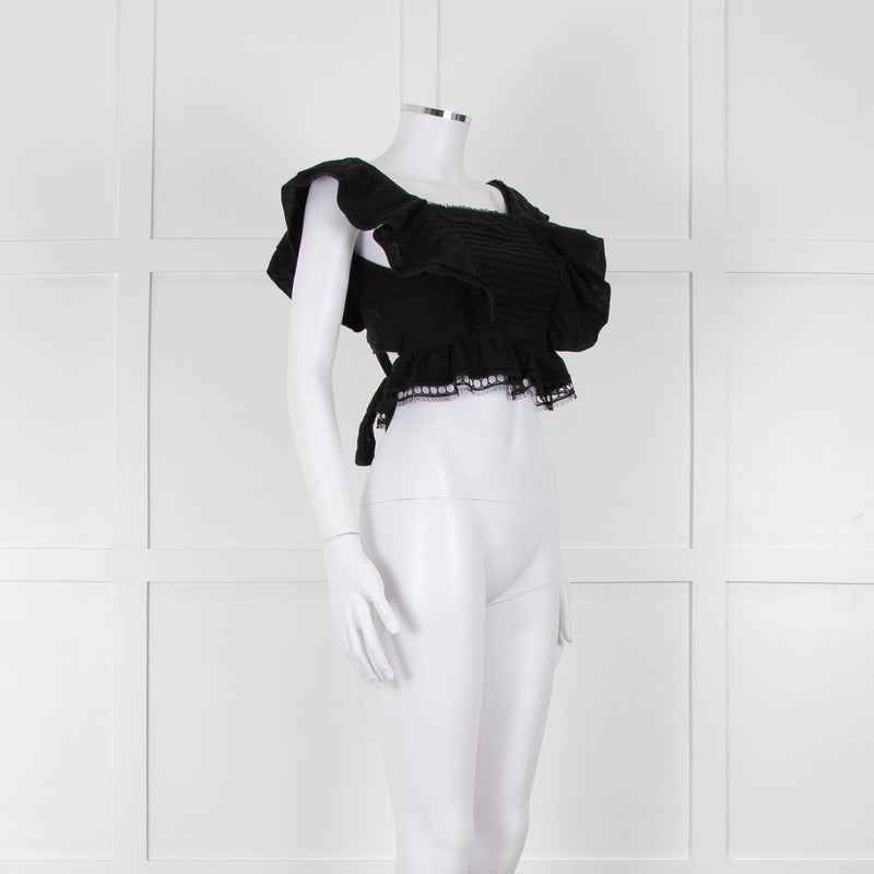 Dissh Black Cotton Short Top With Tie Back & Frill Sleeves