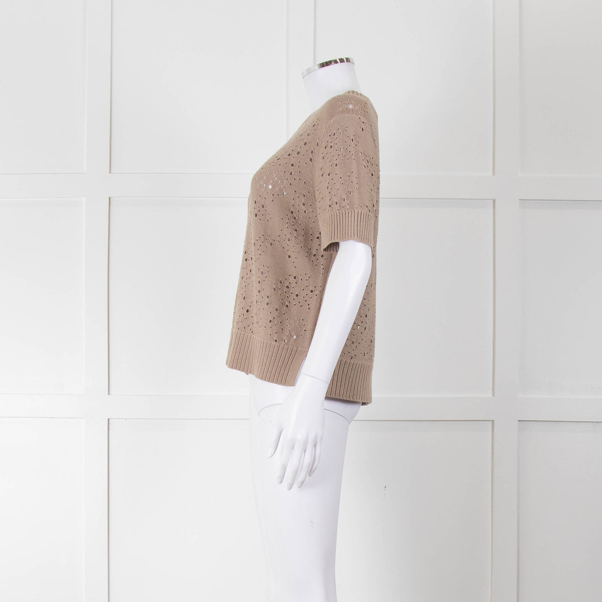 Akris Punto Cotton Crochet Beige Short Sleeve Knitted Top