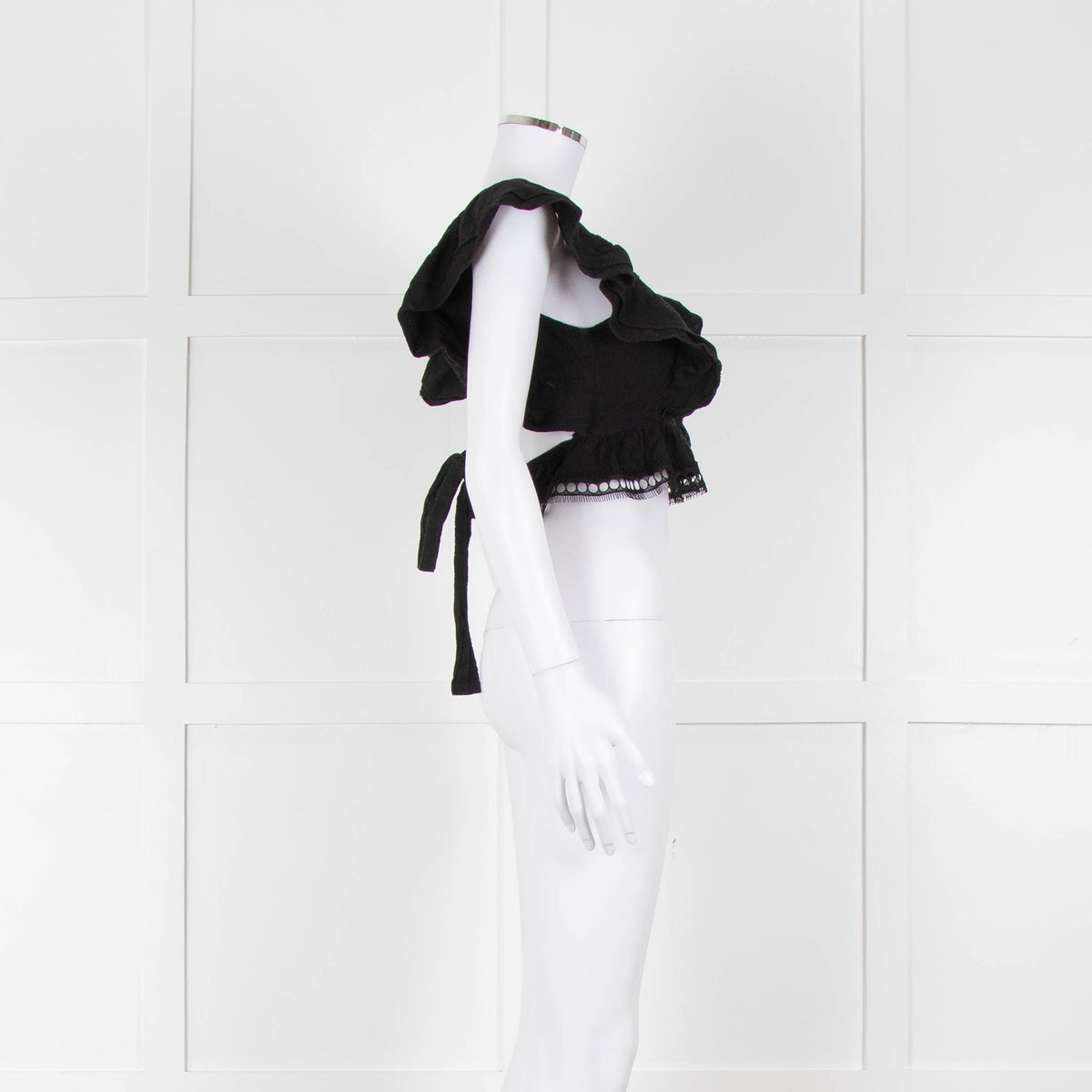 Dissh Black Cotton Short Top With Tie Back & Frill Sleeves
