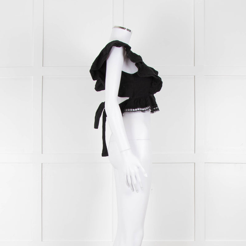 Dissh Black Cotton Short Top With Tie Back & Frill Sleeves