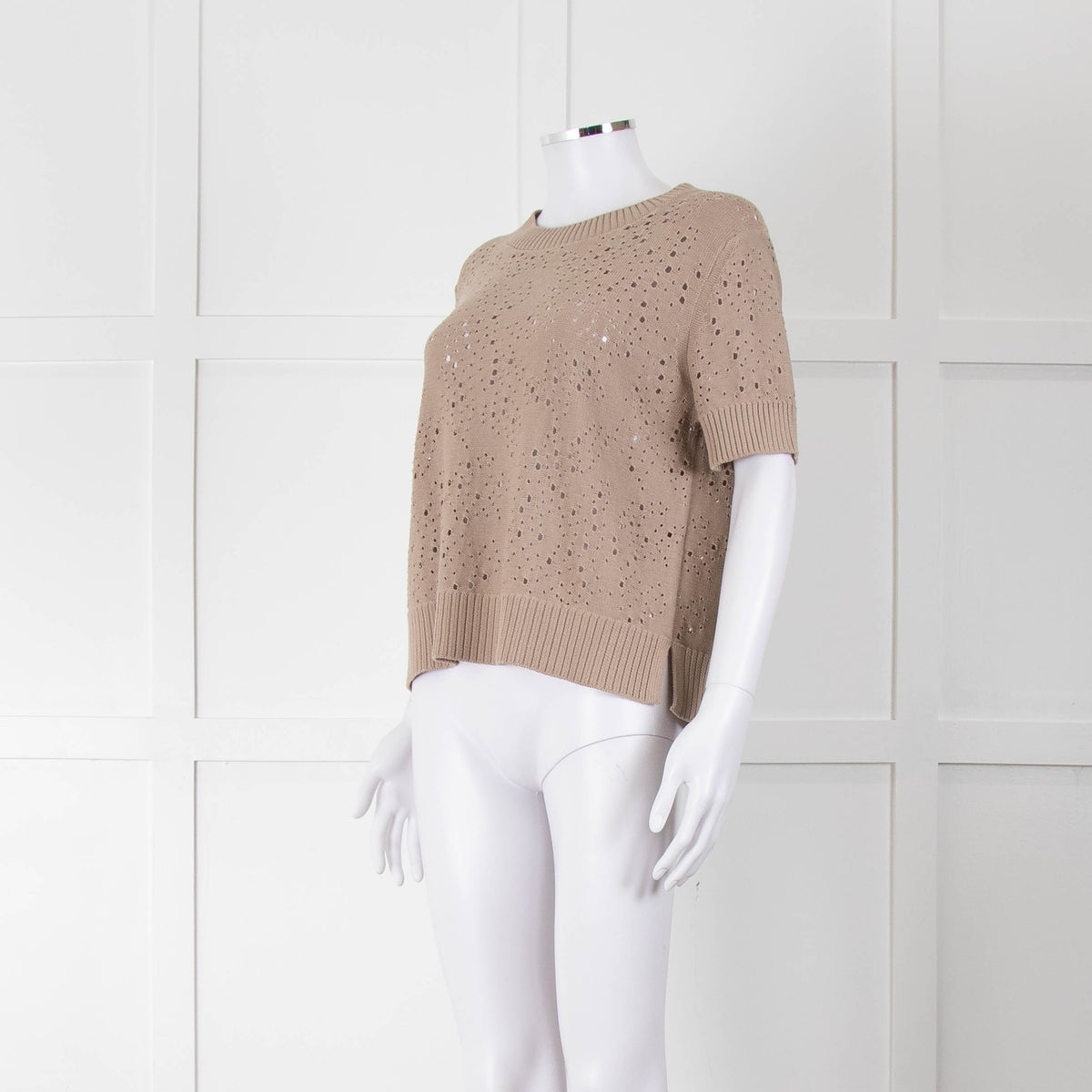 Akris Punto Cotton Crochet Beige Short Sleeve Knitted Top