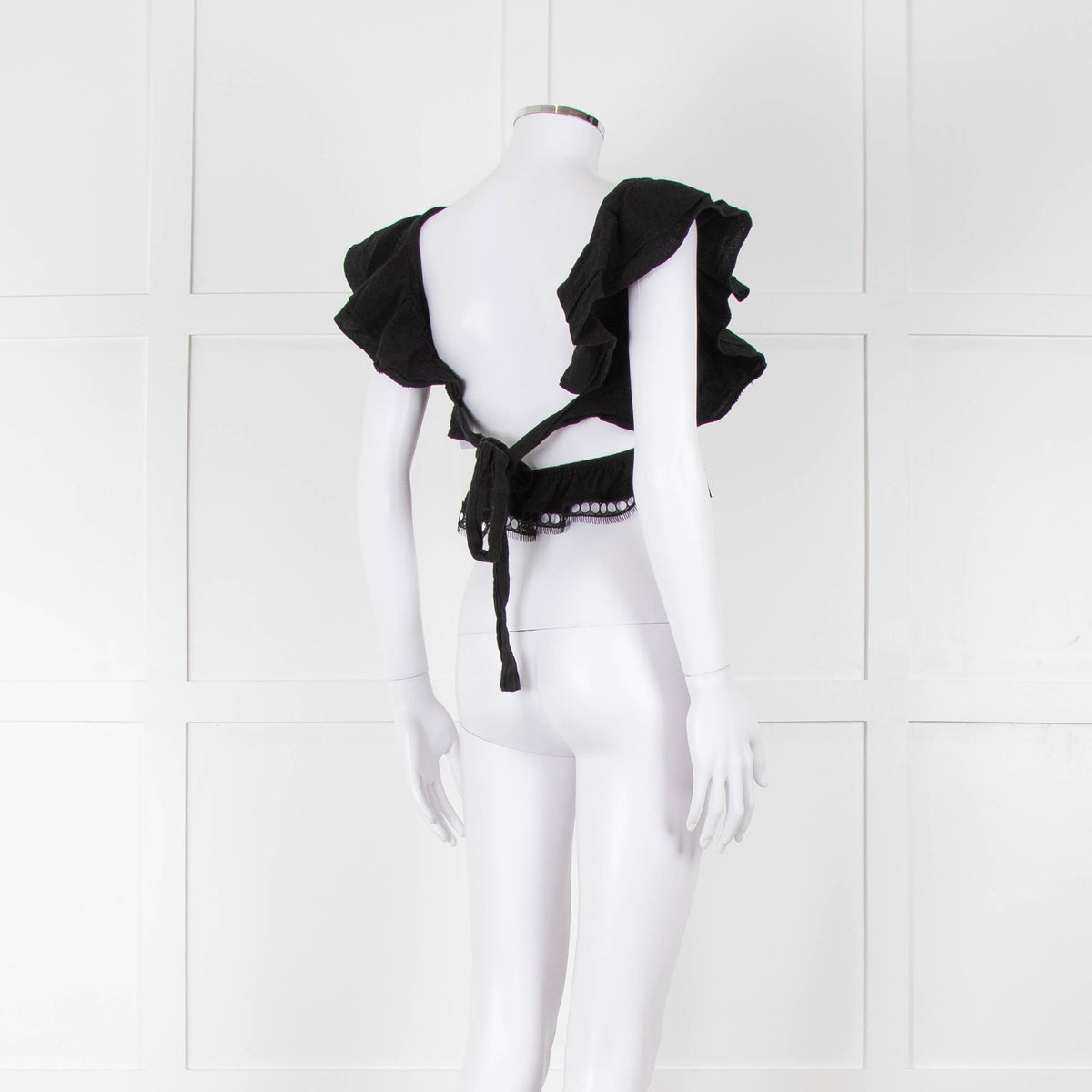Dissh Black Cotton Short Top With Tie Back & Frill Sleeves